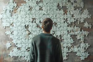 AI generated Back view of man watching on big puzzle on wall. Generative AI photo