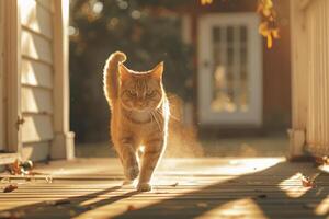 ai generado gato corriendo en un soleado frente porche. generativo ai foto