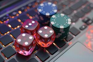 AI generated Stack of casino chips and dice lie on a laptop keyboard. Generative AI photo