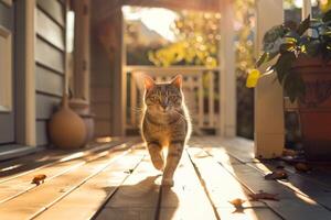 ai generado gato corriendo en un soleado frente porche. generativo ai foto