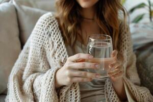 AI generated Young woman holds a glass of drinking clean mineral water in living room. Generative AI photo