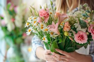 AI generated Florist holds a bouquet with fresh spring flowers. Generative AI photo