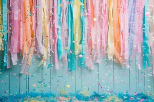 AI generated Birthday party decorations. Streamers, banners and confetti. Generative AI photo