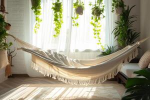 AI generated Cozy home interior with hammock and plants. Generative AI photo