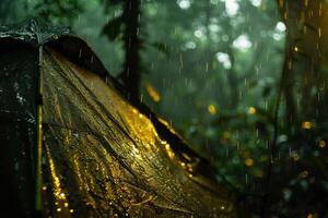 ai generado mojado tienda a el terreno de camping en el bosque con lluvia. generativo ai foto