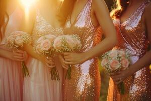 AI generated Closeup of bridesmaids in bright sequin dresses at wedding ceremony. Generative AI photo
