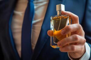 ai generado hombre en un formal traje sostiene un botella de perfume. generativo ai foto