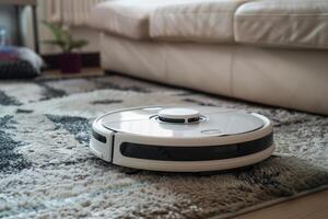 AI generated Robotic vacuum cleaner on the floor in cozy modern living room. Generative AI photo