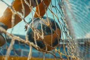 ai generado portero capturas el pelota. fútbol americano jugador pateando un pelota dentro el red a un fútbol americano fósforo. generativo ai foto