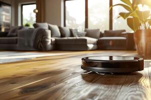 AI generated Robotic vacuum cleaner on the floor in cozy modern living room. Generative AI photo