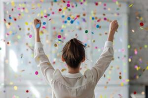 ai generado posterior ver de contento mujer de negocios celebra éxito con papel picado en oficina. generativo ai foto