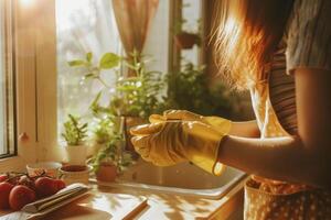 ai generado mujer manos en caucho guantes limpiar el polvo cocina. primavera limpieza concepto. generativo ai foto