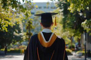 AI generated Rear view of man in graduation attire near university. Generative AI photo