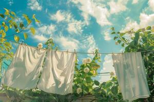 ai generado seco ropa colgando en un lavandería cuerda fuera de con verde plantas y un azul cielo en el antecedentes. generativo ai foto