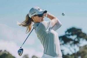 ai generado profesional maravilloso golfista dama con golf equipo. generativo ai foto