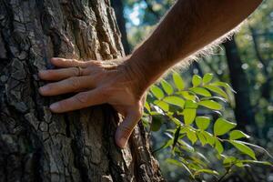 ai generado mano conmovedor grande árbol maletero en el bosque. generativo ai foto