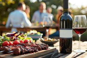 ai generado A la parrilla barbacoa carne, ensaladas y vino. al aire libre hogar fiesta. generativo ai foto