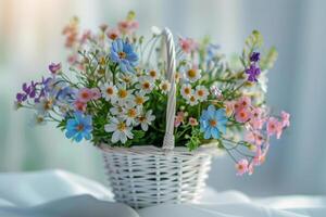 AI generated Bouquet of delicate spring flowers in a white wicker basket. Generative AI photo