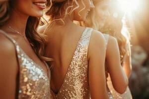 AI generated Closeup of bridesmaids in bright sequin dresses at wedding ceremony. Generative AI photo