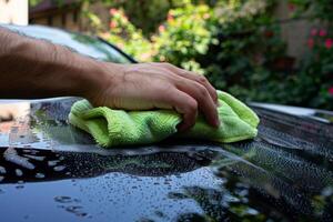 AI generated Man washing a soapy car with a microfiber cloth. Cleaning the car. Generative AI photo