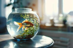 AI generated Aquarium with goldfish on the table in the sunny room. Generative AI photo