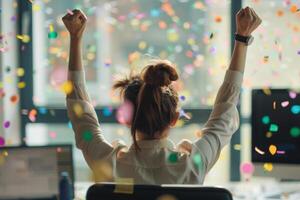 ai generado posterior ver de contento mujer de negocios celebra éxito con papel picado en oficina. generativo ai foto