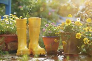 AI generated Gardening background with flower pots and yellow boots in sunny spring garden. Generative AI photo