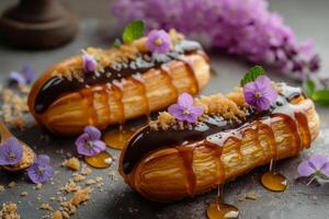 AI generated Eclairs drizzled with honey and garnished with candied violets. Generative AI photo