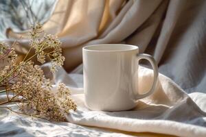 AI generated Blank white mug mockup with flowers on sunny light background. Generative AI photo