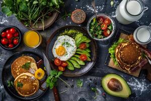 AI generated Breakfast set. Fried eggs, bacon, pancakes, avocado and orange juice. Generative AI photo