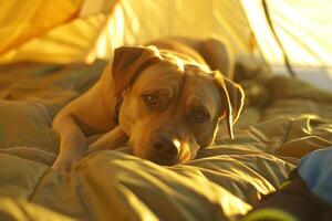 AI generated Dog laying in tent in the forest. Outdoor camping with a dog. Travel with the pet. Generative AI photo