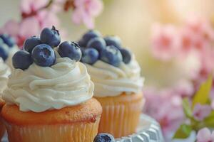 AI generated Blueberry cupcakes topped with fresh blueberries on sunny spring background. Generative AI photo