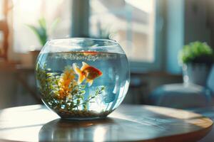 AI generated Aquarium with goldfish on the table in the sunny room. Generative AI photo