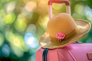 AI generated Luggage with hat on blurred background. Travel and vacation concept. Generative AI photo