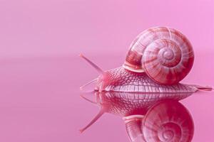 AI generated Snail and cream on pink background. Ingredients of rejuvenating cream and slime of snails. Cosmetics and skin care concept. Generative AI photo