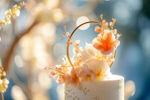 AI generated Designer cake decorated with flower on sunny background. Generative AI photo