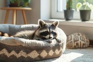 AI generated Raccoon rests in a pet bed. Generative AI photo