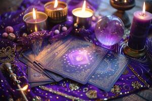 AI generated Mystic crystal ball, tarot cards and burning candles on purple background. Magic ritual or spell with esoteric symbols. Generative AI photo