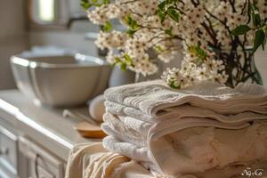 ai generado baño con delicado flores y toallas en soleado antecedentes. generativo ai foto