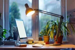AI generated Home office setup with warm lighting. Online remote work from home concept. Generative AI photo