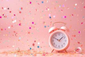 AI generated Alarm clock and confetti on pink background. Clock and party decorations. Generative AI photo