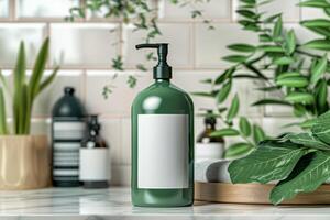 AI generated Shampoo green bottle mockup with blank label in bathroom. Minimalist style. Generative AI photo