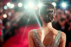 AI generated Back view of celebrity in shiny dress turning posing for photographers on red carpet. Generative AI photo