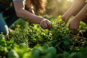 AI generated People picking herbs or veggies from a garden. Generative AI photo