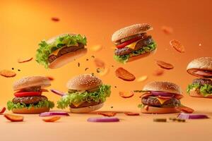 AI generated Hamburgers falling in the air on light background. Generative AI photo