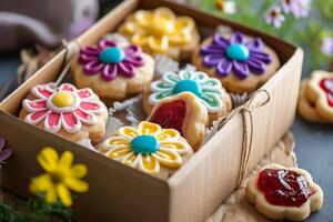 AI generated Cardboard box with shortbread cookies decorated with colored icing and jam. Generative AI photo