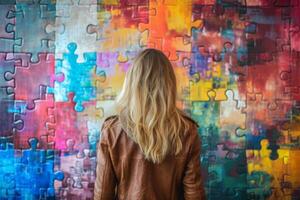 AI generated Back view of woman watching on big puzzle on wall. Generative AI photo