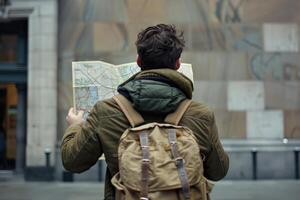 ai generado hombre con mochila mirando a un mapa mientras turismo un exterior ciudad. generativo ai foto