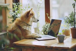 ai generado linda perro en escritorio con computadora portátil, café taza y planta en elegante habitación. Lanza libre concepto. generativo ai foto