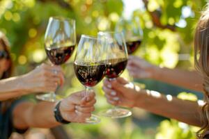 ai generado amigos tostado con lentes de rojo vino durante al aire libre fiesta en verano. generativo ai foto